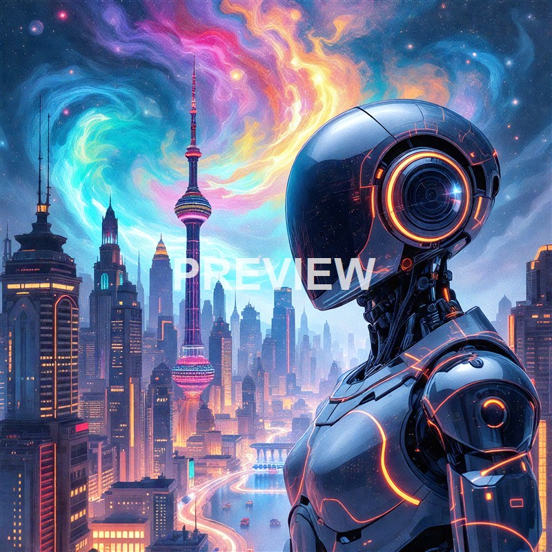 A futuristic robot with a sleek, black, glowing exterior stands in the foreground of a vibrant, neon-lit cityscape with towering skyscrapers and colorful, swirling cosmic skies.